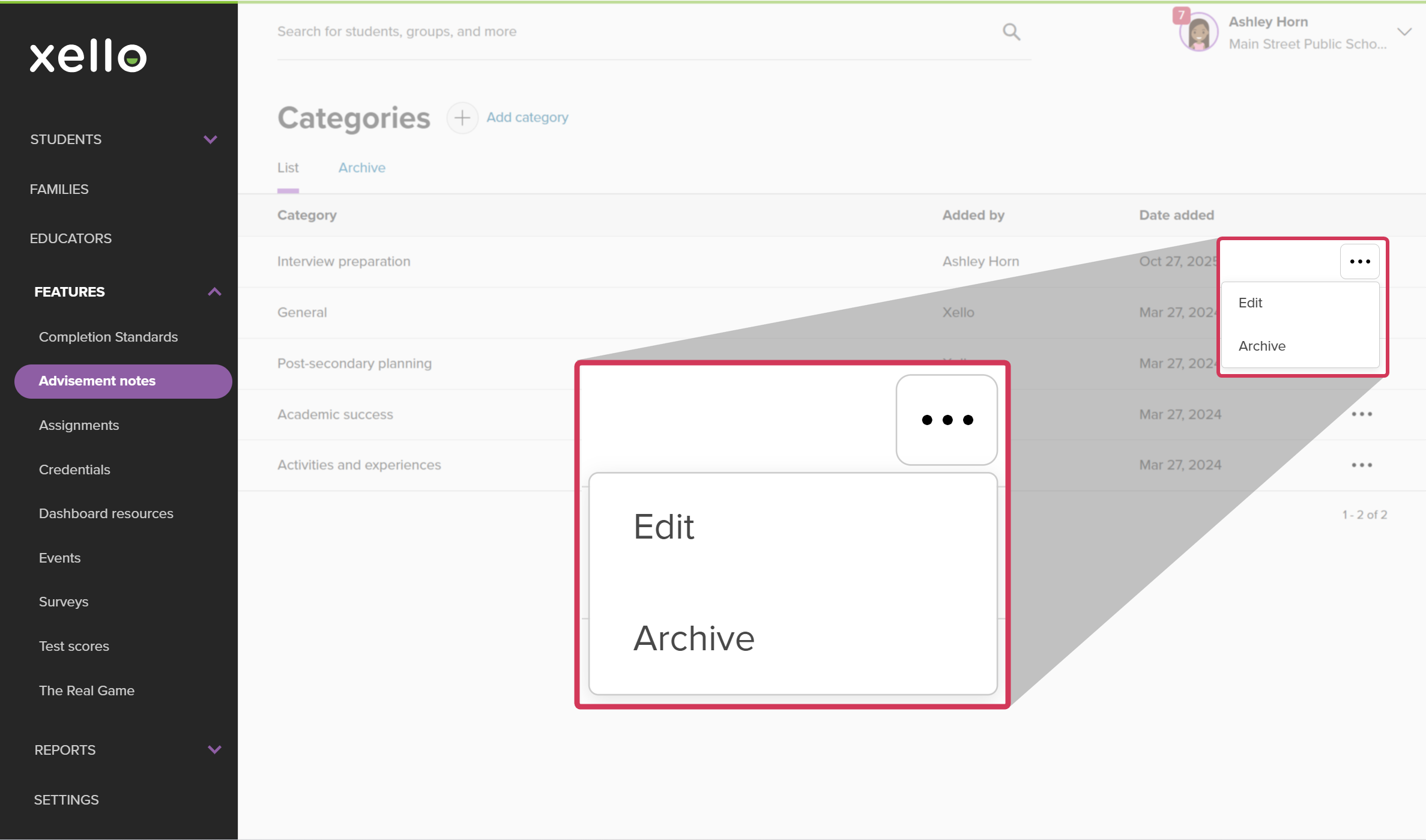 Educator account in Xello in the Advisement notes category section. Next to a custom category, the three-dot menu is open. The options are Edit and Archive.